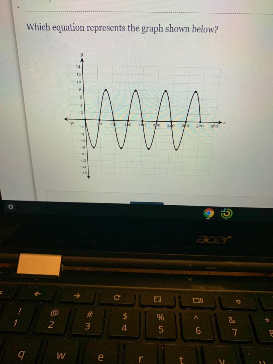 Which equation represents the graph shown below?
14
12
10
4.
2.
-40
40
120
160
200
240
280
320
360
-2
-4
-8
-10
-12
-14
-16
acer
%
1
3
4.
7
e
