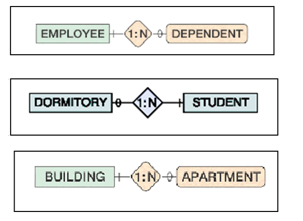 EMPLOYEE+(1:NO DEPENDENT
DORMITORYe 1:N
STUDENT
BUILDING +1:N- APARTMENT
