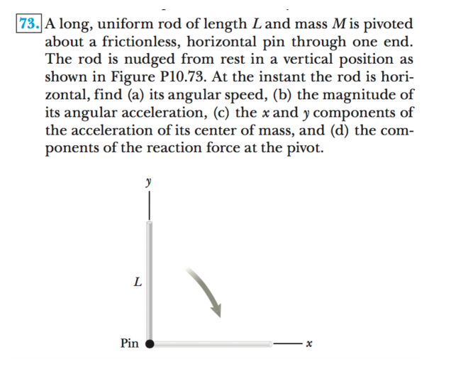 73. A long, uniform rod of length Land mass M is pivoted
about a frictionless, horizontal pin through one end.
The rod is nudged from rest in a vertical position as
shown in Figure P10.73. At the instant the rod is hori-
zontal, find (a) its angular speed, (b) the magnitude of
its angular acceleration, (c) the x and y components of
the acceleration of its center of mass, and (d) the com-
ponents of the reaction force at the pivot.
Pin
