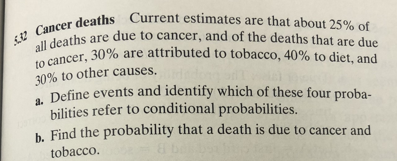 5.32 Cancer deaths Current estimates are that about 25% of
all deaths are due to cancer, and of the deaths that are due
to cancer, 30% are attributed to tobacco, 40% to diet, and
30% to other causes.
Define events and identify which of these four proba-
bilities refer to conditional probabilities.
h Find the probability that a death is due to cancer and
-&t
tobacco.
