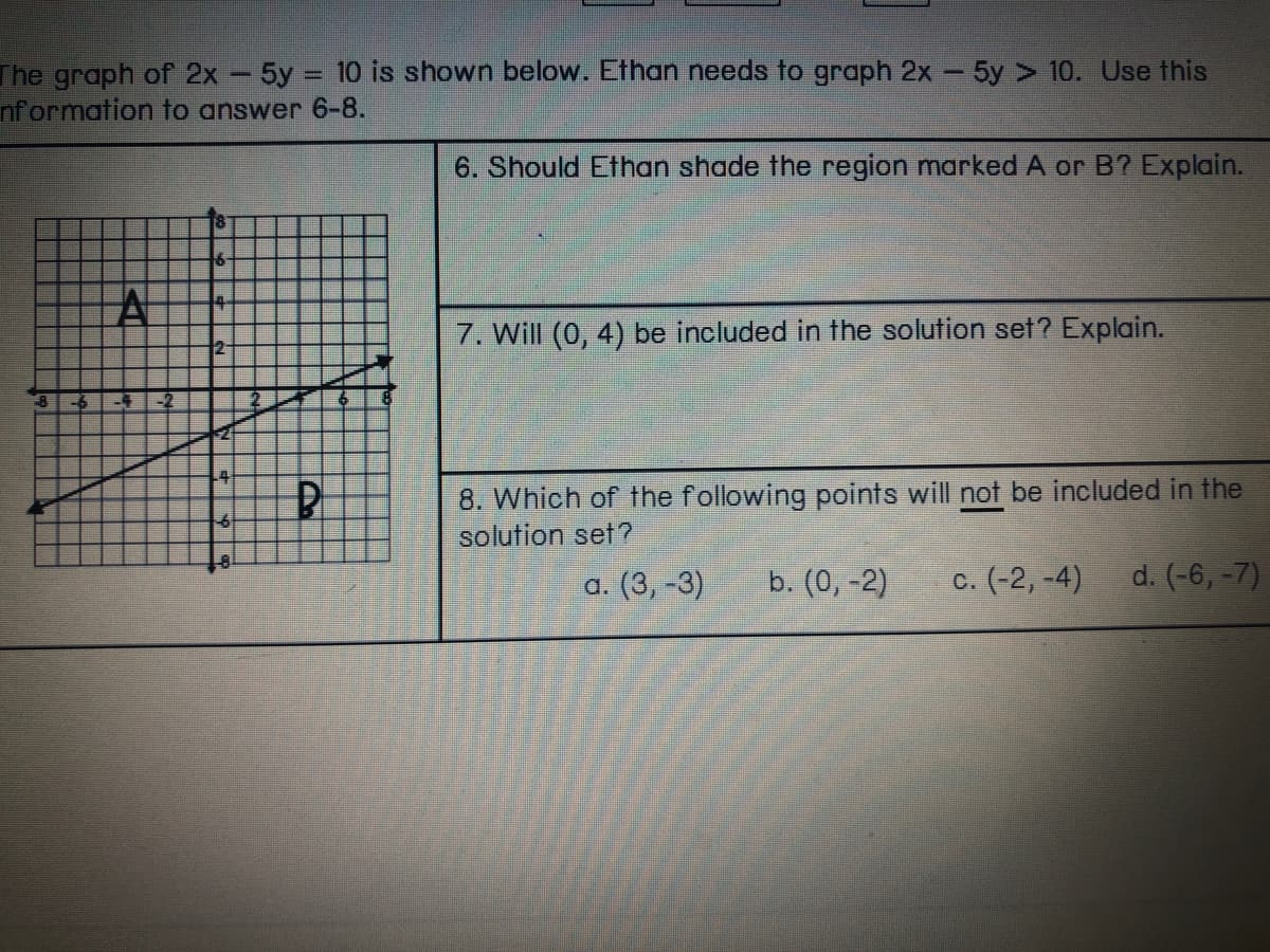 The graph of 2x - 5y = 10 is shown below. Ethan needs to graph 2x -5y > 10. Use this
nformation to answer 6-8.
6. Should Ethan shade the region marked A or B? Explain.
18
7. Will (0, 4) be included in the solution set? Explain.
-2
8. Which of the following points will not be included in the
solution set?
a. (3, -3)
b. (0, -2)
c. (-2, -4)
d. (-6, -7)
