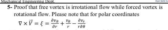 Mechanical Engineenng Dept.
5- Proof that free vortex is irrotational flow while forced vortex is
rotational flow. Please note that for polar coordinates
ave
V xV = } =
ve
av,
ar
r
rae
