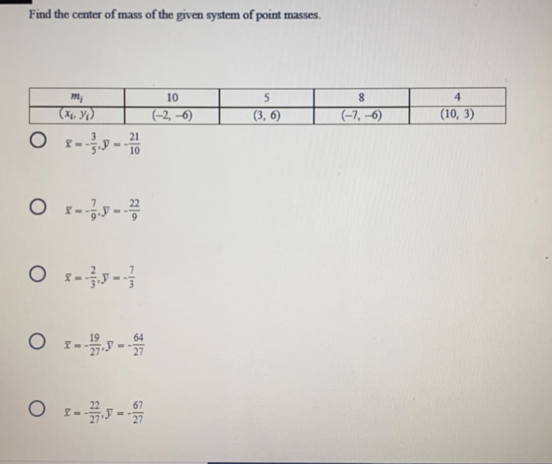 Find the center of mass of the given system of point masses.
10
5.
8
4.
(-2, –6)
(3, 6)
(-7,-6)
(10, 3)
