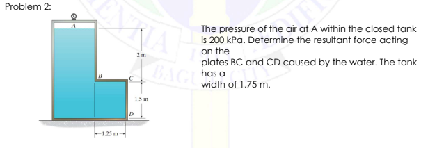 Problem 2:
The pressure of the air at A within the closed tank
is 200 kPa. Determine the resultant force acting
on the
2 m
BAGU
plates BC and CD caused by the water. The tank
has a
width of 1.75 m.
1.5 m
-1.25 m-
