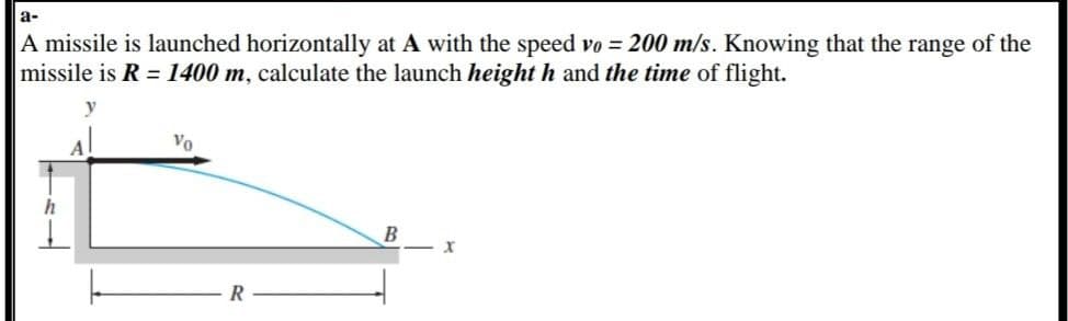 a-
A missile is launched horizontally at A with the speed vo = 200 m/s. Knowing that the range of the
missile is R = 1400 m, calculate the launch height h and the time of flight.
A
Vo
B
R
