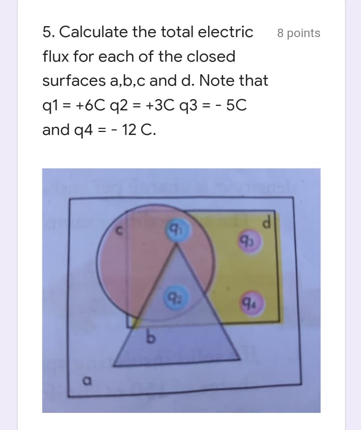 5. Calculate the total electric
8 points
flux for each of the closed
surfaces a,b,c and d. Note that
q1 = +6C q2 = +3C q3 = - 5C
%3D
and q4 = - 12 C.
%3D
94
9.
a.
