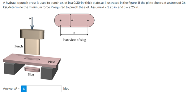 A hydraulic punch press is used to punch a slot in a 0.30-in-thick plate, as illustrated in the figure. If the plate shears at a stress of 36
ksi, determine the minimum force Prequired to punch the slot. Assume d = 1.25 in. and a = 2.25 in.
Plan view of slug
Punch
Plate
Slug
Answer: P=
i
kips
