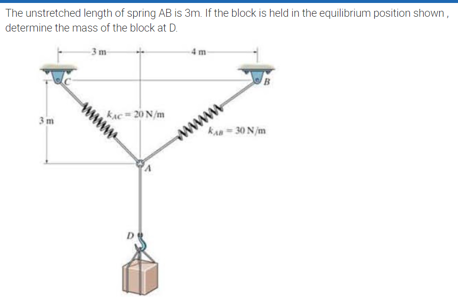 The unstretched length of spring AB is 3m. If the block is held in the equilibrium position shown,
determine the mass of the block at D.
3 m
4 m-
B
www
kAn = 30 N/m
3 m
kAC= 20 N/m
