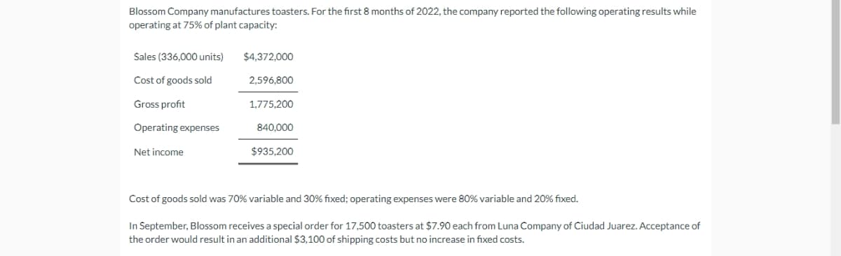 Blossom Company manufactures toasters. For the first 8 months of 2022, the company reported the following operating results while
operating at 75% of plant capacity:
Sales (336,000 units)
Cost of goods sold
Gross profit
Operating expenses
Net income
$4,372,000
2.596,800
1,775,200
840,000
$935,200
Cost of goods sold was 70% variable and 30% fixed; operating expenses were 80% variable and 20% fixed.
In September, Blossom receives a special order for 17,500 toasters at $7.90 each from Luna Company of Ciudad Juarez. Acceptance of
the order would result in an additional $3,100 of shipping costs but no increase in fixed costs.