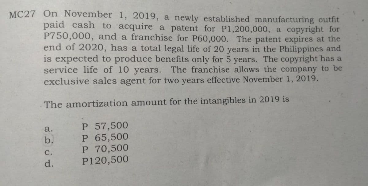 MC27 On November 1, 2019, a newly established manufacturing outfit
paid cash to acquire a patent for P1,200,000, a copyright for
P750,000, and a franchise for P60,000. The patent expires at the
end of 2020, has a total legal life of 20 years in the Philippines and
is expected to produce benefits only for 5 years. The copyright has a
service life of 10 years. The franchise allows the company to be
exclusive sales agent for two years effective November 1, 2019.
The amortization amount for the intangibles in 2019 is
P 57,500
P 65,500
P 70,500
P120,500
a.
b.
с.
d.
