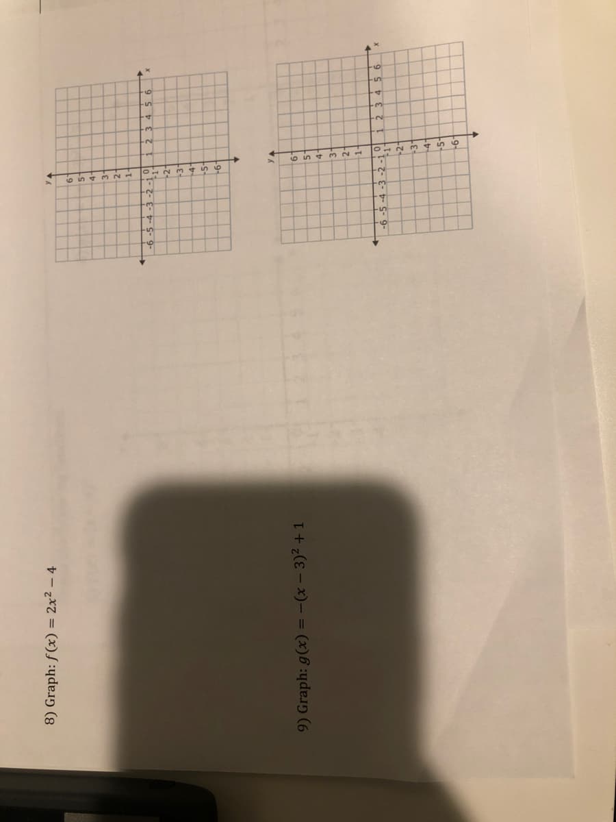 8) Graph: f (x) = 2x² - 4
4-
2-
1-
-6 -5 -4 -3 -2
2-
3-
-4
-9-
9) Graph: g(x) = -(x – 3)² +1
4.
2-
-6 -5 -4 -3 -2 -
2 3 45 6
2
3"
-4"
-5-
9-
