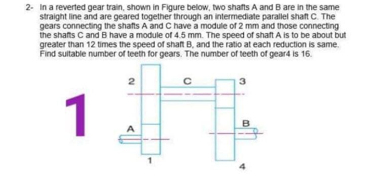 2- In a reverted gear train, shown in Figure below, two shafts A and B are in the same
straight line and are geared together through an intermediate parallel shaft C. The
gears connecting the shafts A and C have a module of 2 mm and those connecting
the shafts C and B have a module of 4.5 mm. The speed of shaft A is to be about but
greater than 12 times the speed of shaft B, and the ratio at each reduction is same.
Find suitable number of teeth for gears. The number of teeth of gear4 is 16.
1
B
A
4
3,
2.
