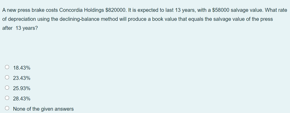 A new press brake costs Concordia Holdings $820000. It is expected to last 13 years, with a $58000 salvage value. What rate
of depreciation using the declining-balance method will produce a book value that equals the salvage value of the press
after 13 years?
O 18.43%
O 23.43%
O 25.93%
O 28.43%
O None of the given answers
