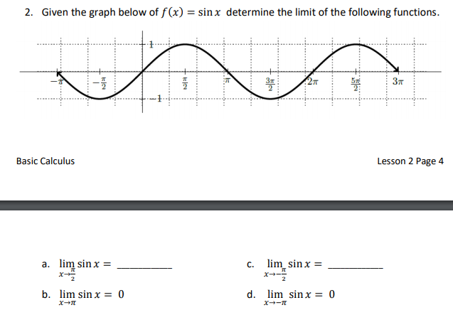 2. Given the graph below of f(x) = sin x determine the limit of the following functions.
Basic Calculus
Lesson 2 Page 4
a. lim sin x =
x-
c. lim sinx =
b. lim sin x = 0
d. lim sinx = 0
.....
