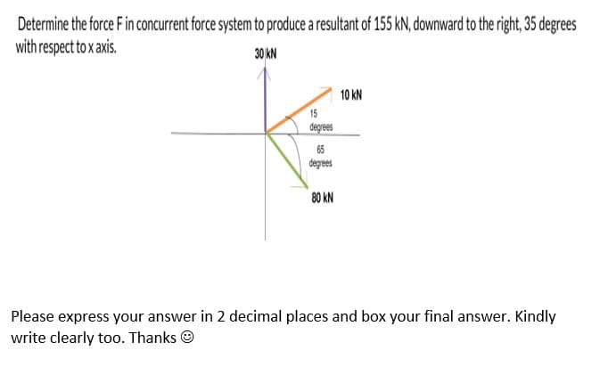 Determine the force F in concurrent force system to produce a resultant of 155 kN, downward to the right, 35 degrees
with respect to x axis.
30 kN
10 KN
15
degrees
65
degrees
80 kN
Please express your answer in 2 decimal places and box your final answer. Kindly
write clearly too. Thanks ©
