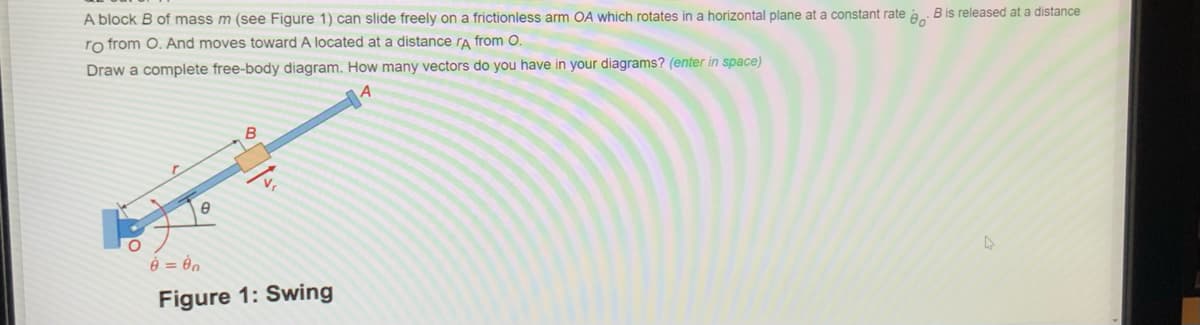 A block B of mass m (see Figure 1) can slide freely on a frictionless arm OA which rotates in a horizontal plane at a constant rate a B is released at a distance
ro from O. And moves toward A located at a distance ra from O.
Draw a complete free-body diagram. How many vectors do you have in your diagrams? (enter in space)
Figure 1: Swing
