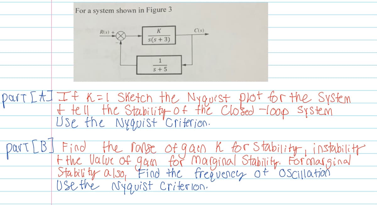 For a system shown in Figure 3
R(s) +
K
C(s)
s(s +3)
1
s+5
pait ItI It K=! Sketch the Nyguest plot for the System
t te ll the Stability of thie Closed -l0op Syste.
Use the Nyquist 'Criterion.
part [BI Find the ranse Of gam K tor Stability, instabili tp
t the Value Of gam for marginal Stability. For'marginal
Sta bili ty also, Find the freeuency of 'oscillation
use the Niquist Criterion.
