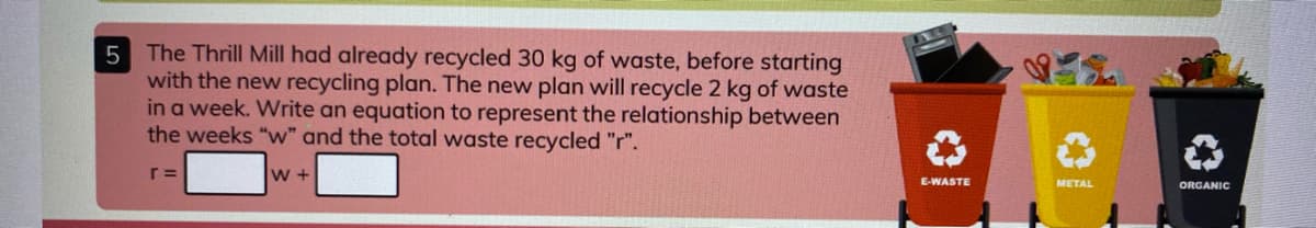 5 The Thrill Mill had already recycled 30 kg of waste, before starting
with the new recycling plan. The new plan will recycle 2 kg of waste
in a week. Write an equation to represent the relationship between
the weeks "w" and the total waste recycled "r".
W +
E-WASTE
METAL
ORGANIC
