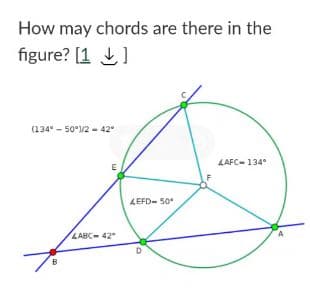 How may chords are there in the
figure? [1]
(134°-50°)/2 - 42"
4AFC-134°
E
B
LABC-42"
4EFD-50*
D