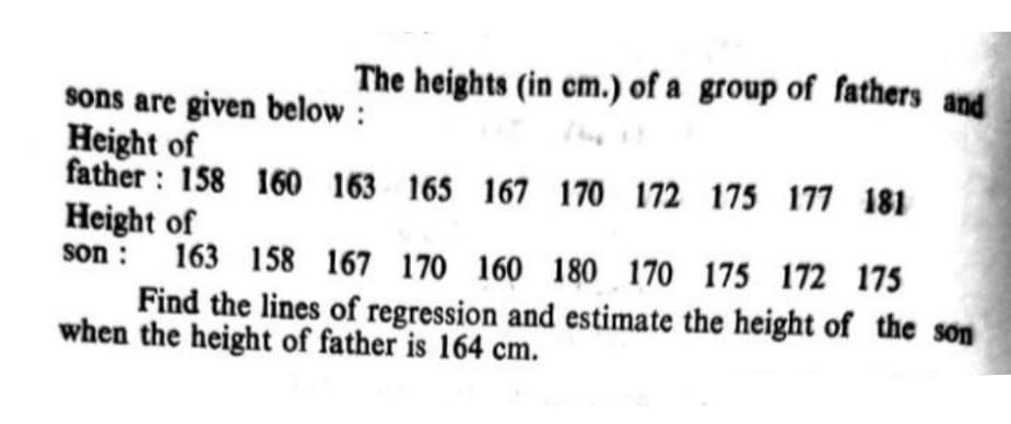 The heights (in cm.) of a group of fathers and
sons are given below :
Height of
father : 158 160 163 165 167 170 172 175 177 181
Height of
son : 163 158 167 170 160 180 170 175 172 175
Find the lines of regression and estimate the height of the son
when the height of father is 164 cm.

