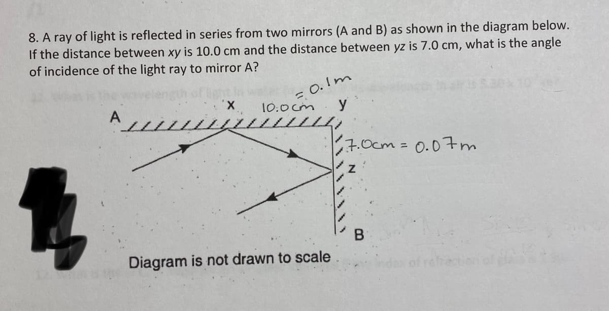 8. A ray of light is reflected in series from two mirrors (A and B) as shown in the diagram below.
If the distance between xy is 10.0 cm and the distance between yz is 7.0 cm, what is the angle
of incidence of the light ray to mirror A?
= 0. Im
A
10.0cm
y
7.0cm 3D0.07m
Diagram is not drawn to scale
