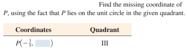 Find the missing coordinate of
P, using the fact that P lies on the unit circle in the given quadrant.
Coordinates
Quadrant
P(-}.
III
