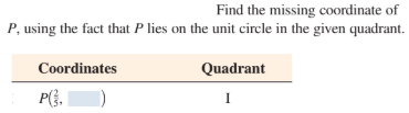 Find the missing coordinate of
P, using the fact that P lies on the unit circle in the given quadrant.
Coordinates
Quadrant
P(G.
I
