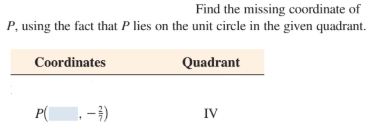 Find the missing coordinate of
P, using the fact that P lies on the unit circle in the given quadrant.
Coordinates
Quadrant
P(
.-)
IV
