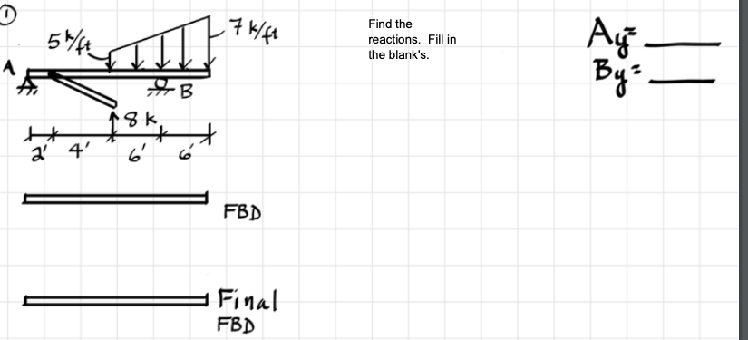 Ag.
Bys
Find the
reactions. Fill in
5
the blank's.
a 4'
6'
FBD
Final
FBD
