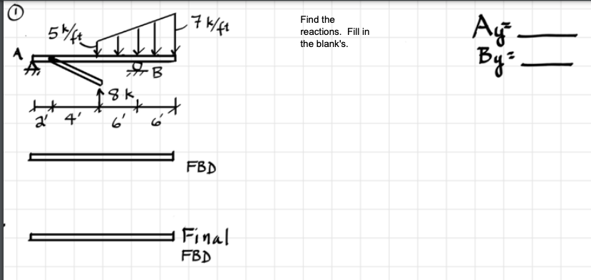 Ag
Bys
Find the
reactions. Fill in
the blank's.
B
8k
a 4'
6'
FBD
Final
FBD
