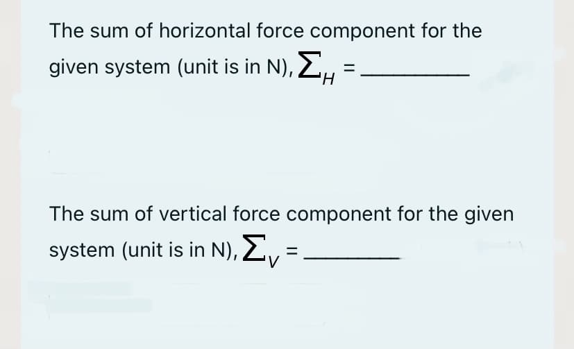 The sum of horizontal force component for the
given system (unit is in N), 2
The sum of vertical force component for the given
system (unit is in N), L:

