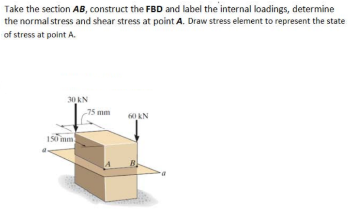 Take the section AB, construct the FBD and label the internal loadings, determine
the normal stress and shear stress at point A. Draw stress element to represent the state
of stress at point A.
30 kN
-75 mm
60 kN
150 mm
B.
