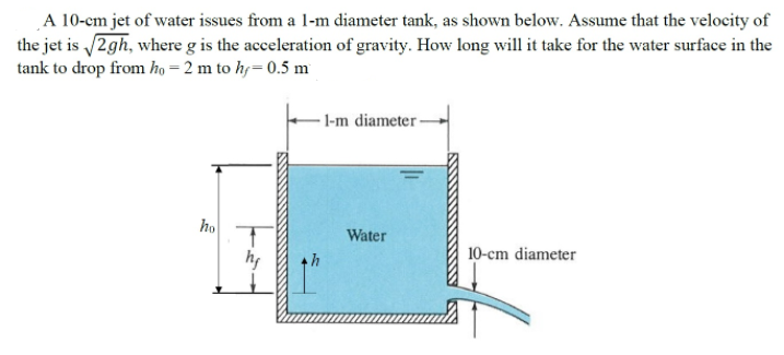 A 10-cm jet of water issues from a l-m diameter tank, as shown below. Assume that the velocity of
the jet is 2gh, where g is the acceleration of gravity. How long will it take for the water surface in the
tank to drop from ho = 2 m to hp= 0.5 m
- l-m diameter-
ho
Water
10-cm diameter
