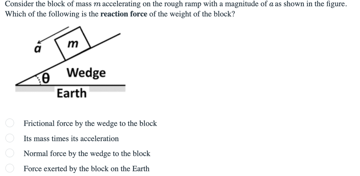 Consider the block of mass maccelerating on the rough ramp with a magnitude of a as shown in the figure.
Which of the following is the reaction force of the weight of the block?
a
Wedge
Earth
Frictional force by the wedge to the block
Its mass times its acceleration
Normal force by the wedge to the block
Force exerted by the block on the Earth
