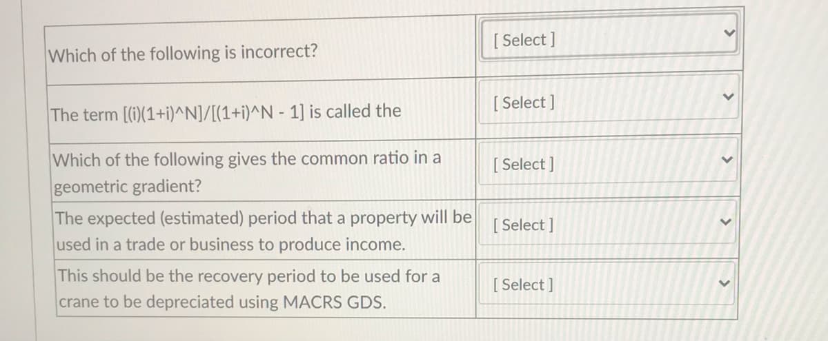 [ Select ]
Which of the following is incorrect?
[ Select ]
The term [(i)(1+i)^N]/[(1+i)^N - 1] is called the
Which of the following gives the common ratio in a
[ Select ]
geometric gradient?
The expected (estimated) period that a property will be
used in a trade or business to produce income.
[ Select ]
This should be the recovery period to be used for a
[ Select ]
crane to be depreciated using MACRS GDS.
>
