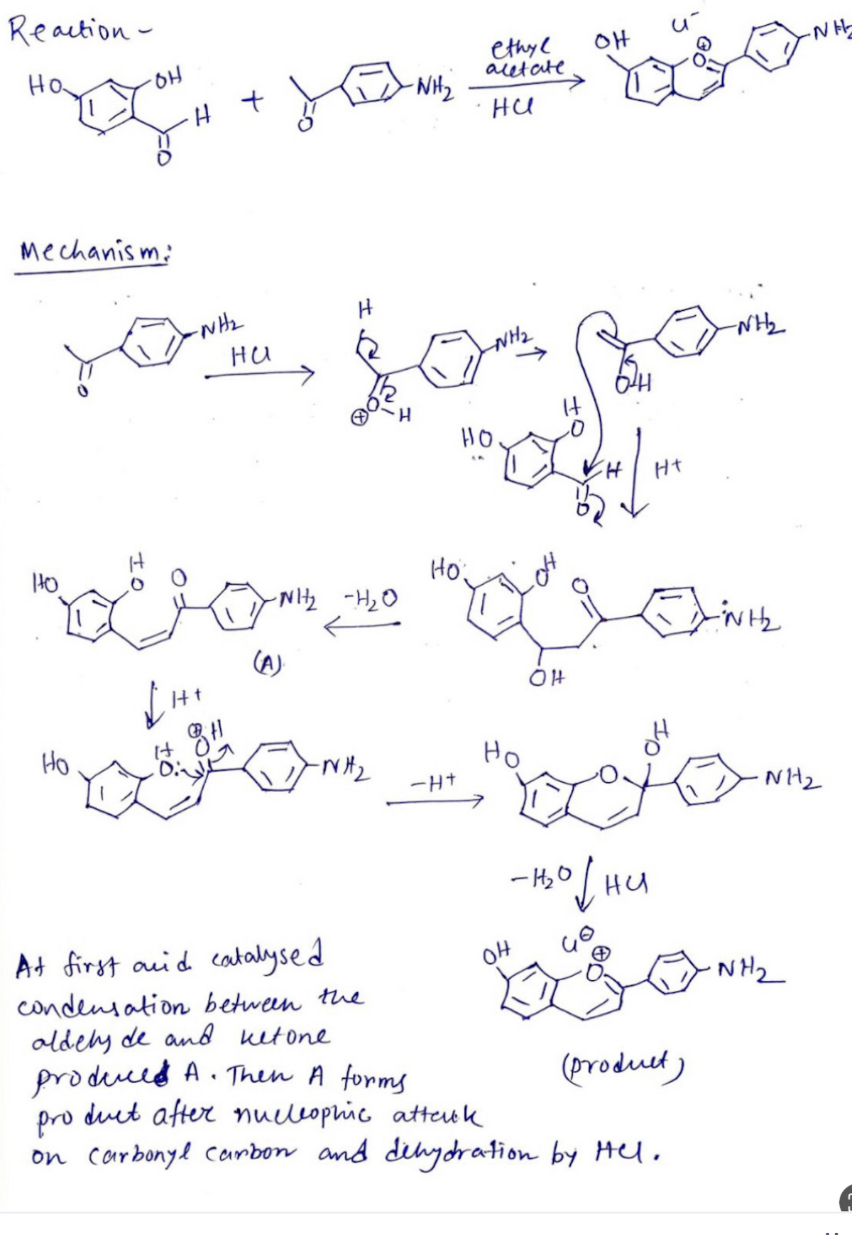 Reaction -
Mechanism:
OH
Ho
H +
Ho
-NH₂
-NH₂
you fos por
на
-NH₂
-NH₂
но
on
NH2 - H2O
H
ethyl
acetate
ни
HO:
OH
но
OH
L
-gorodom
Но
-H+
-1₂0
H
Ht
TNH
војни
At first and catalysed
condensation between the
aldely de and ketone
(product)
produced A. Then A forms
product after nucleophic attauk
on carbonyl carbon and dehydration by Hel.
NH
NH₂
NH₂