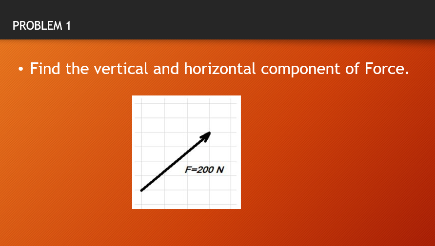 PROBLEM 1
Find the vertical and horizontal component of Force.
F=200 N

