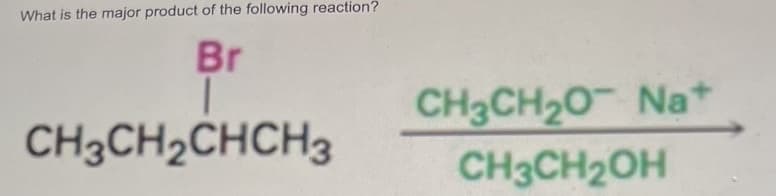 What is the major product of the following reaction?
Br
CH3CH₂CHCH3
CH3CH₂O Na+
CH3CH₂OH
