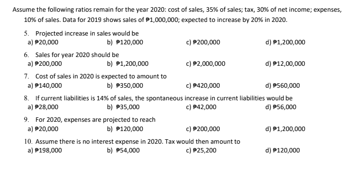 Assume the following ratios remain for the year 2020: cost of sales, 35% of sales; tax, 30% of net income; expenses,
10% of sales. Data for 2019 shows sales of P1,000,000; expected to increase by 20% in 2020.
5. Projected increase in sales would be
a) P20,000
b) P120,000
c) P200,000
d) P1,200,000
6. Sales for year 2020 should be
a) P200,000
c) P2,000,000
b) P1,200,000
d) P12,00,000
7. Cost of sales in 2020 is expected to amount to
a) P140,000
b) P350,000
c) P420,000
d) P560,000
8. If current liabilities is 14% of sales, the spontaneous increase in current liabilities would be
a) P28,000
b) P35,000
c) P42,000
d) P56,000
9. For 2020, expenses are projected to reach
a) P20,000
b) P120,000
c) P200,000
d) P1,200,000
10. Assume there is no interest expense in 2020. Tax would then amount to
b) P54,000
a) P198,000
c) P25,200
d) P120,000
