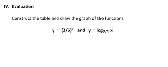 IV. Evaluation
Construct the table and draw the graph of the functions
y = (2/5)* and y = loga/s) ×
