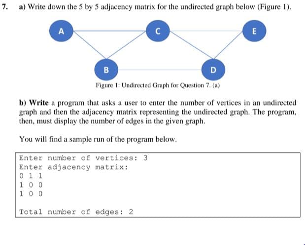 7. a) Write down the 5 by 5 adjacency matrix for the undirected graph below (Figure 1).
A
C
E
B
D
Figure 1: Undirected Graph for Question 7. (a)
b) Write a program that asks a user to enter the number of vertices in an undirected
graph and then the adjacency matrix representing the undirected graph. The program,
then, must display the number of edges in the given graph.
You will find a sample run of the program below.
Enter number of vertices: 3
Enter adjacency matrix:
0 1 1
1 0 0
1 0 0
Total number of edges: 2
