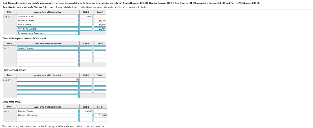 Brett Thomas Enterprises had the following accounts and normal balances listed on its December 31st adjusted trial balance: Service Revenue, $20,300; Salaries Expense, $6,100; Rent Expense, $4,500; Advertising Expense, $3,400; and Thomas, Withdrawals, $3,900.
Journalize the closing entries for Thomas Enterprises. (Record debits first, then credits. Select the explanation on the last line of the journal entry table.)
Date
Accounts and Explanation
Debit
Credit
Dec. 31
Income Summary
$14,000
Salaries Expense
$6,100
Rent Expense
$4,500
Advertising Expense
$3,400
To close Income Summary.
Close all the expense accounts for the period.
Date
Accounts and Explanation
Debit
Credit
Dec. 31
Service Revenue
Close Income Summary.
Date
Accounts and Explanation
Debit
Credit
Dec. 31
Close withdrawals.
Date
Accounts and Explanation
Debit
Credit
Dec. 31
Thomas, Capital
$3,900
Thomas, Withdrawals
$3,900
Choose from any list or enter any number in the input fields and then continue to the next question.
