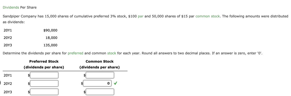 Dividends Per Share
Sandpiper Company has 15,000 shares of cumulative preferred 3% stock, $100 par and 50,000 shares of $15 par common stock. The following amounts were distributed
as dividends:
$90,000
18,000
135,000
Determine the dividends per share for preferred and common stock for each year. Round all answers to two decimal places. If an answer is zero, enter '0'.
Preferred Stock
(dividends per share)
20Y1
20Y2
20Y3
20Y1
20Y2
20Y3
$
Common Stock
(dividends per share)
0