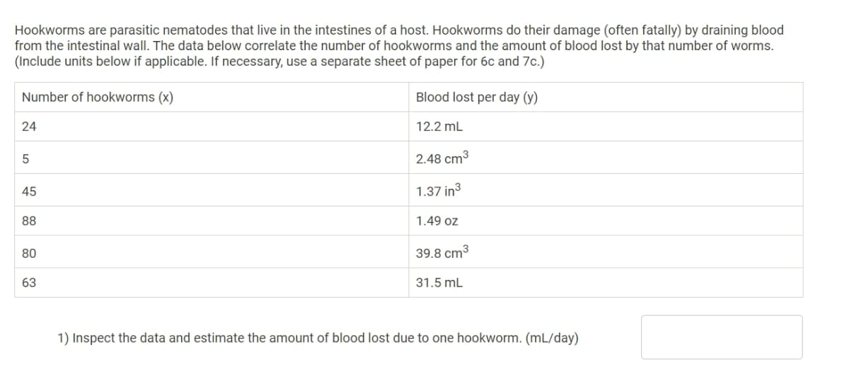 Hookworms are parasitic nematodes that live in the intestines of a host. Hookworms do their damage (often fatally) by draining blood
from the intestinal wall. The data below correlate the number of hookworms and the amount of blood lost by that number of worms.
(Include units below if applicable. If necessary, use a separate sheet of paper for 6c and 7c.)
Number of hookworms (x)
Blood lost per day (y)
24
12.2 mL
5
2.48 cm3
45
1.37 in3
88
1.49 oz
80
39.8 cm3
63
31.5 mL
1) Inspect the data and estimate the amount of blood lost due to one hookworm. (mL/day)
