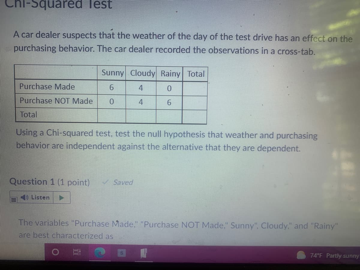 Chi-Squared lest
A car dealer suspects that the weather of the day of the test drive has an effect on the
purchasing behavior. The car dealer recorded the observations in a cross-tab.
Sunny Cloudy Rainy Total
Purchase Made
6
4
0
Purchase NOT Made 0
4
6
Total
Using a Chi-squared test, test the null hypothesis that weather and purchasing
behavior are independent against the alternative that they are dependent.
Question 1 (1 point) Saved
Listen
The variables "Purchase Made," "Purchase NOT Made," Sunny", Cloudy," and "Rainy"
are best characterized as
74°F Partly sunny
O