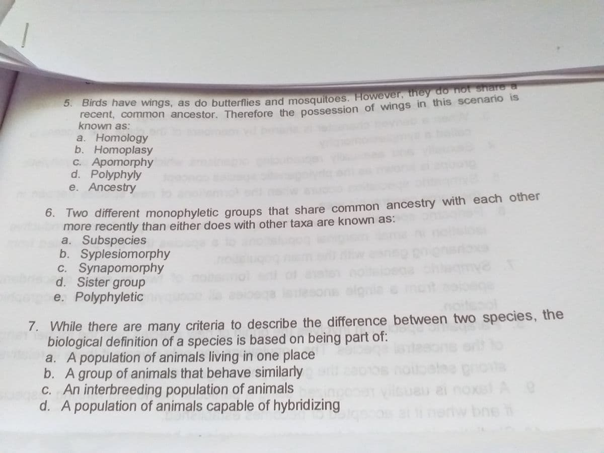 S. Biras have wings, as do butterflies and mosquitoes. However, they do not share a
recent, common ancestor. Therefore the possession of wings in this scenano is
known as:
a. Homology
b. Homoplasy
C. Apomorphy
d. Polyphyly
e. Ancestry
0. Two different monophyletic groups that share common ancestry with each other
more recently than either does with other taxa are known as:
a. Subspecies
b. Syplesiomorphy
c. Synapomorphy
d. Sister group
e. Polyphyletic
eda
esons elgnie G
7. While there are many criteria to describe the difference between two species, the
biological definition of a species is based on being part of:
a. A population of animals living in one place
b. A group of animals that behave similarly
C. An interbreeding population of animals
d. A population of animals capable of hybridizing
ei
nox
bns
one
