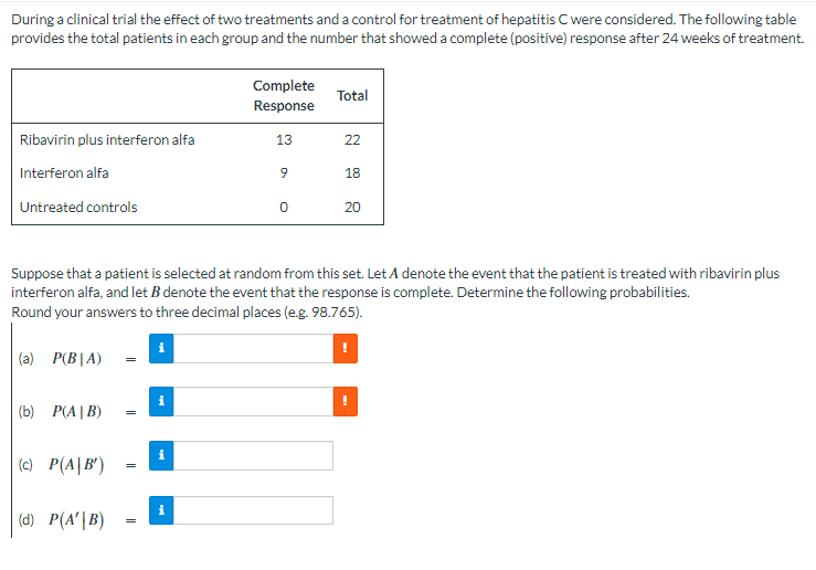 During a clinical trial the effect of two treatments and a control for treatment of hepatitis C were considered. The following table
provides the total patients in each group and the number that showed a complete (positive) response after 24 weeks of treatment.
Complete
Response
Total
Ribavirin plus interferon alfa
13
22
Interferon alfa
9
18
Untreated controls
0
20
Suppose that a patient is selected at random from this set. Let A denote the event that the patient is treated with ribavirin plus
interferon alfa, and let B denote the event that the response is complete. Determine the following probabilities.
Round your answers to three decimal places (e.g. 98.765).
(a) P(BIA)
=
(b) P(AB)
=
(c) P(A|B')
=
(d) P(A' B)
=
i
i