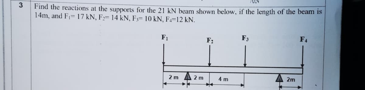 3
Find the reactions at the supports for the 21 kN beam shown below, if the length of the beam is
14m, and F1= 17 kN, F2= 14 kN, F3= 10 kN, F4=12 kN.
F1
F3
F4
F2
2 m
2 m
4 m
2m
