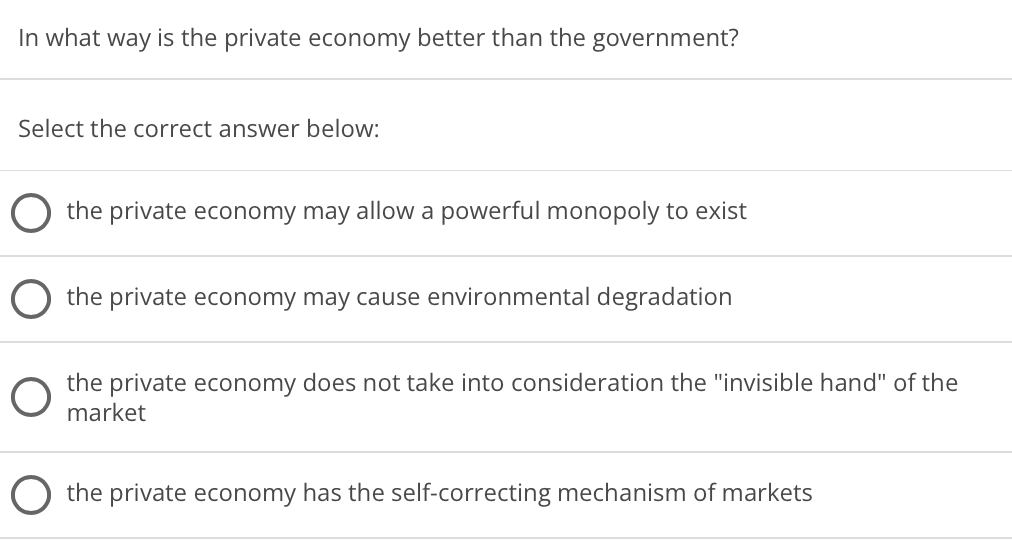In what way is the private economy better than the government?
Select the correct answer below:
the private economy may allow a powerful monopoly to exist
the private economy may cause environmental degradation
the private economy does not take into consideration the "invisible hand" of the
market
the private economy has the self-correcting mechanism of markets
