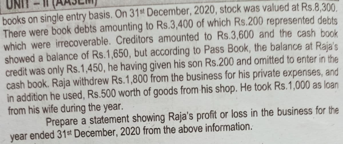 UNIT
books on single entry basis. On 31st December, 2020, stock was valued at Rs.8.300
There were book debts amounting to Rs.3,400 of which Rs.200 represented debts
which were irrecoverable. Creditors amounted to Rs.3,600 and the cash book
showed a balance of Rs.1,650, but according to Pass Book, the balance at Raja's
credit was only Rs.1,450, he having given his son Rs.200 and omitted to enter in the
cash book. Raja withdrew Rs.1,800 from the business for his private expenses, and
in addition he used, Rs.500 worth of goods from his shop. He took Rs.1,000 as loan
from his wife during the year.
Prepare a statement showing Raja's profit or loss in the business for the
year ended 31st December, 2020 from the above information.
